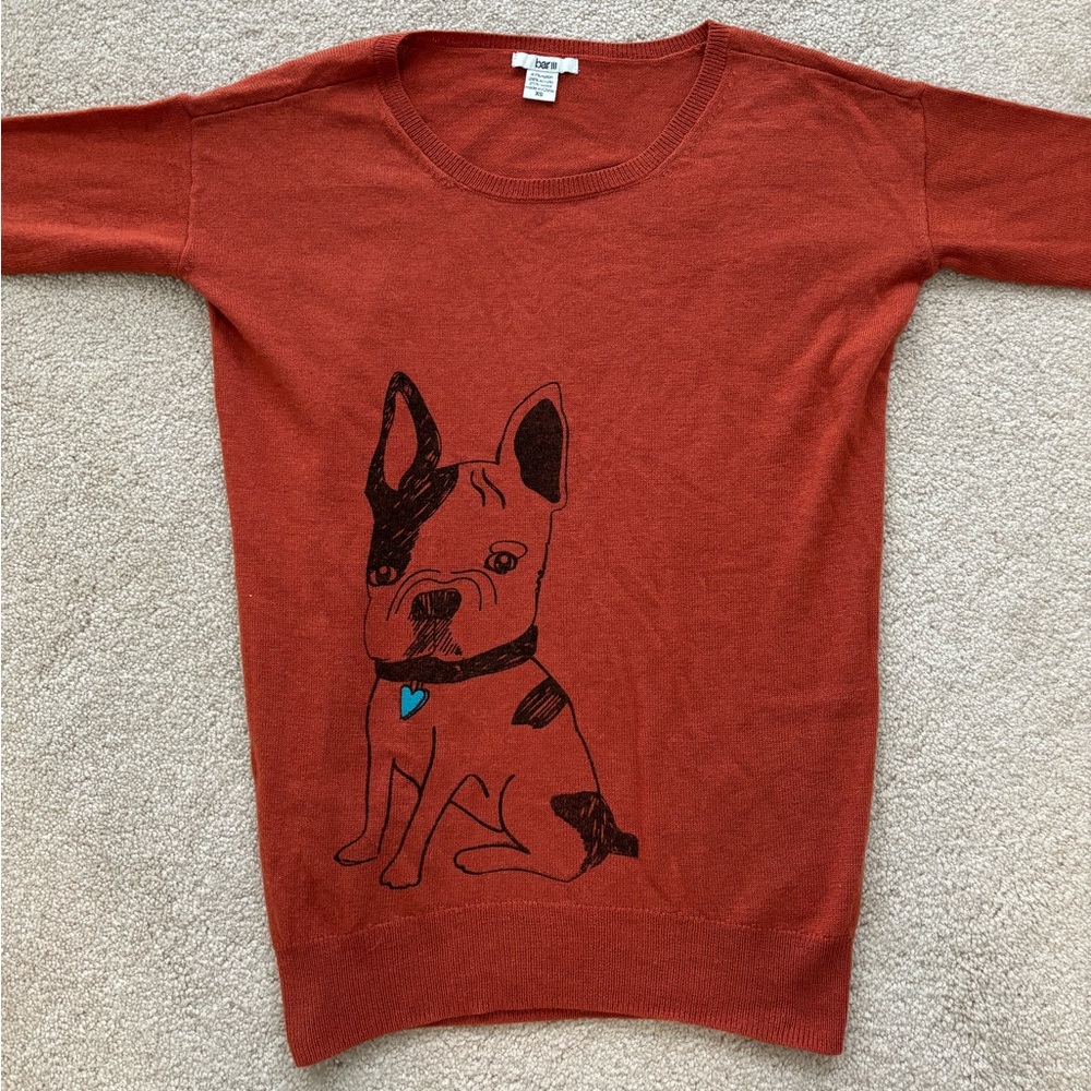 Bar III Rust Orange Dog Graphic Sweater ASO Spencer Hastings PLL